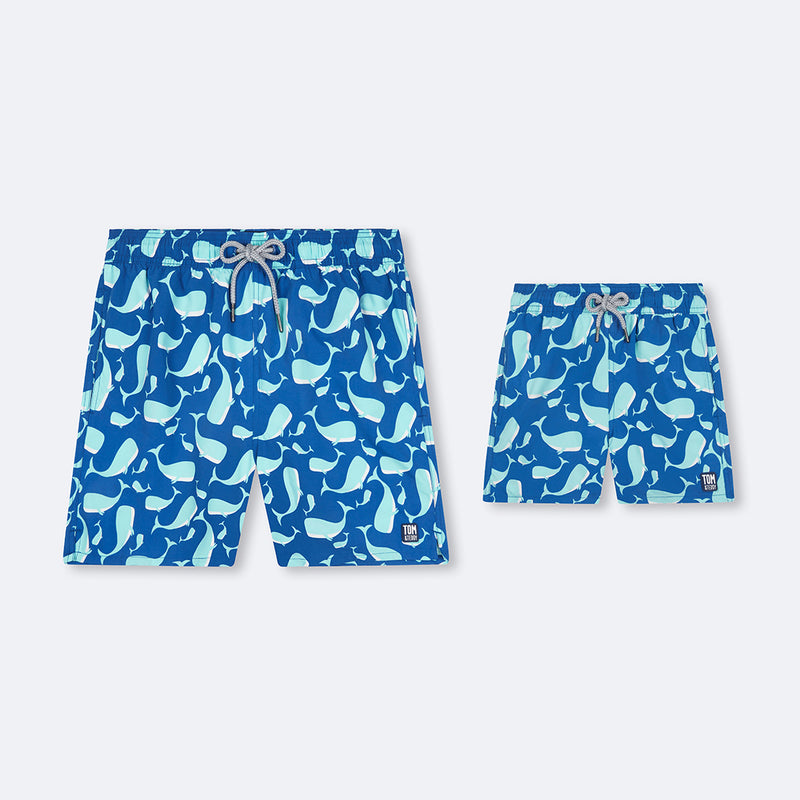 Father and Son Matching Swim Shorts Set |Navy Aqua Whales Tom